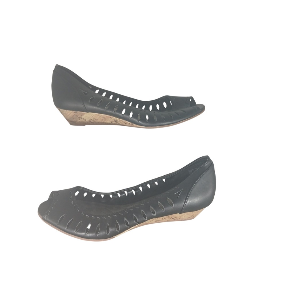 Dexflex by Dexter‎ Peep Toe Wedge 9 Black Laser Cut Cork Heel Comfort Shoes